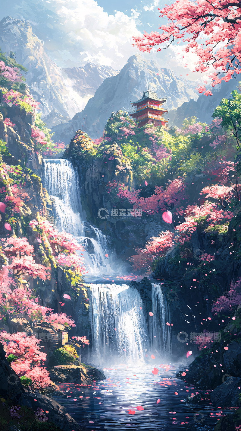高清大图下载【趣麦麦图】山水瀑布樱花