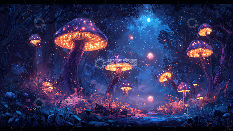 高清大图下载【趣麦麦图】夜光蘑菇森林