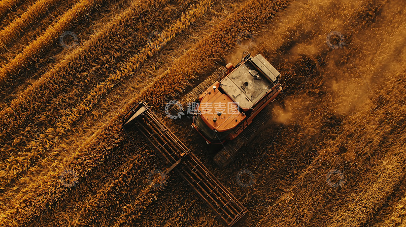 高清大图下载【趣麦麦图】高空俯瞰麦田收割机作业
