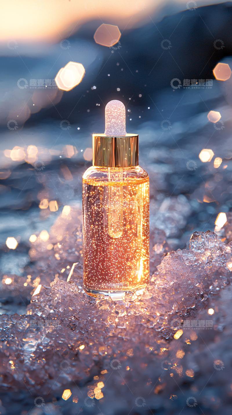 高清大图下载【趣麦麦图】冰块上金光闪闪的精华液