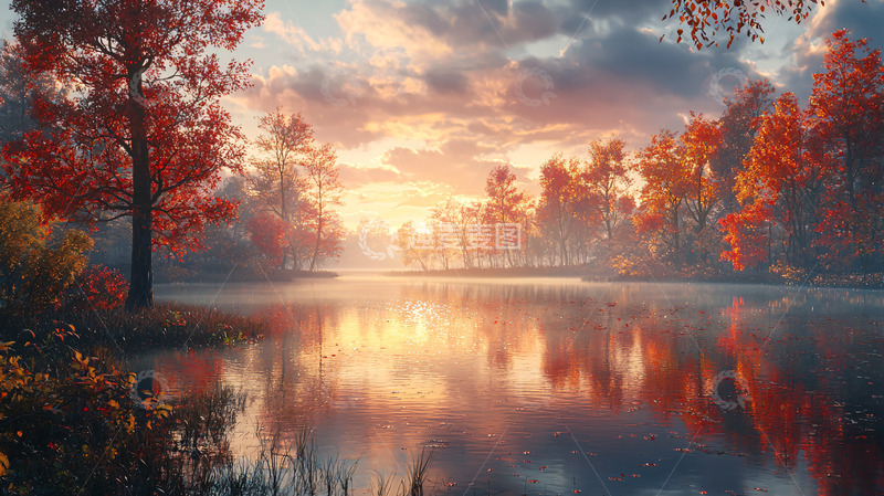 高清大图下载【趣麦麦图】秋日湖边落日余晖