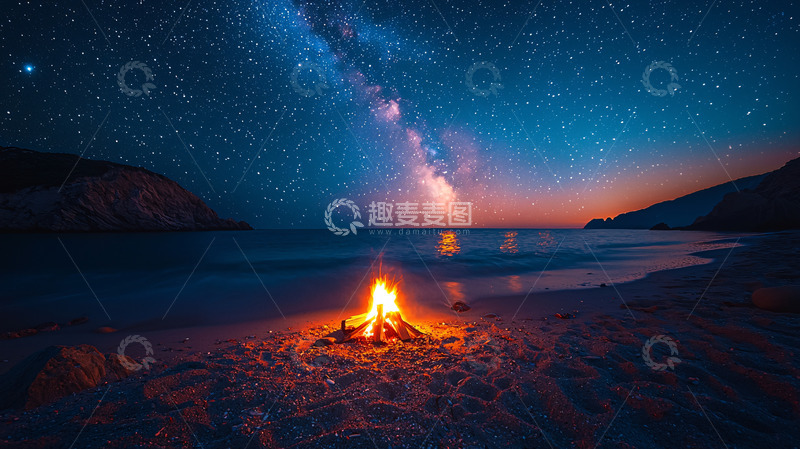 高清大图下载【趣麦麦图】星空篝火海滩