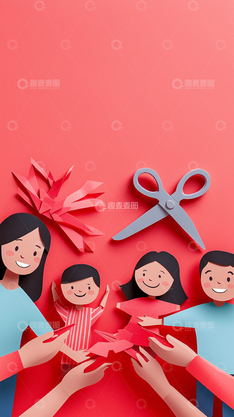 高清大图下载【趣麦麦图】红色背景纸艺家庭