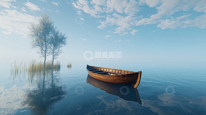 高清大图下载【趣麦麦图】平静湖面上的小木船