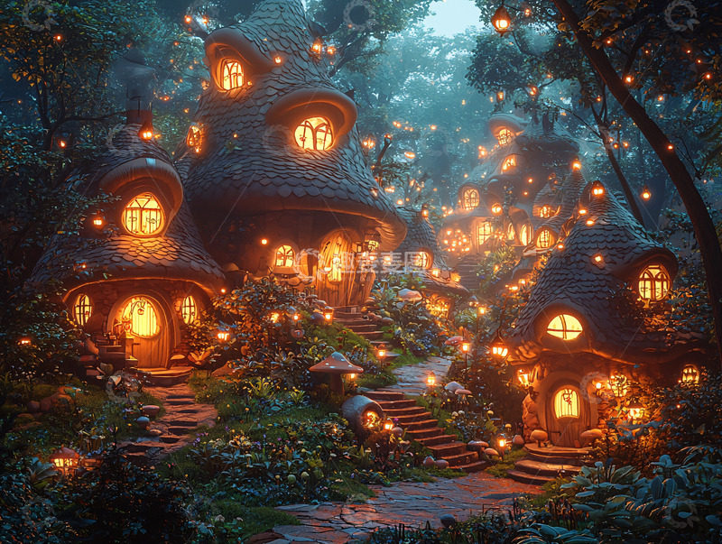高清大图下载【趣麦麦图】梦幻森林小屋夜景