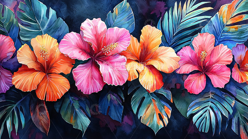 高清大图下载【趣麦麦图】热带花卉和叶子水彩画