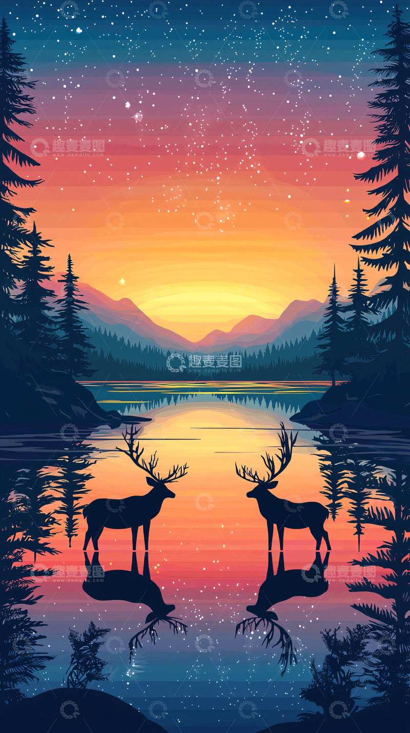 高清大图下载【趣麦麦图】彩色星空下湖边两只鹿