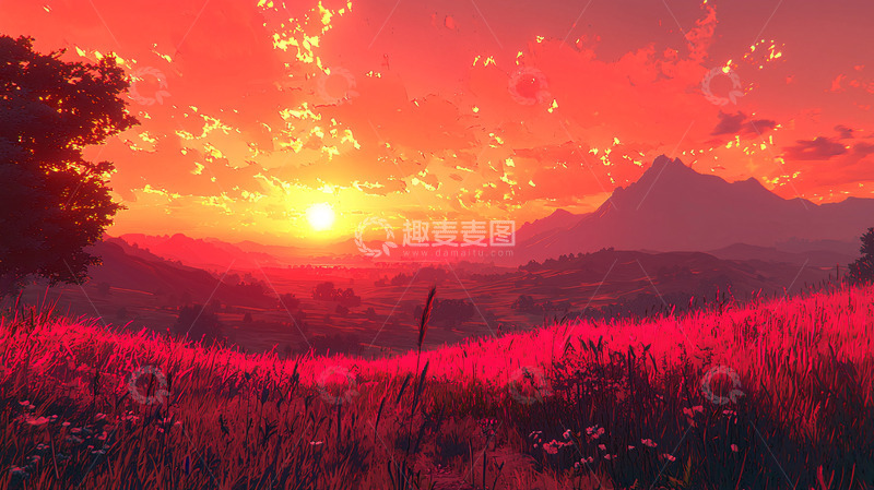 高清大图下载【趣麦麦图】红色夕阳下的田园风光