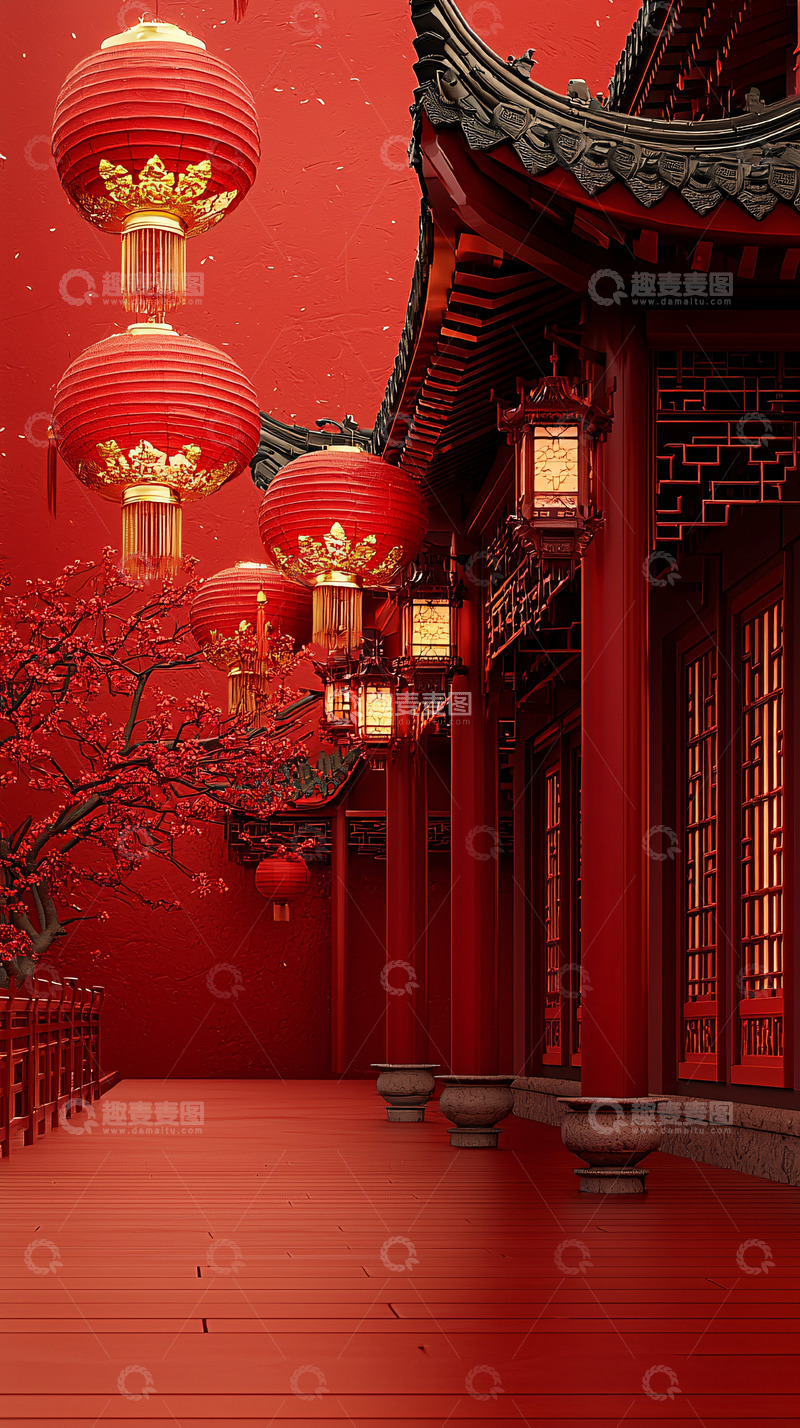 高清大图下载【趣麦麦图】红墙红灯中国风建筑