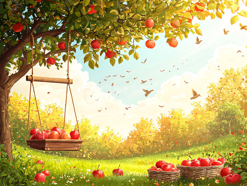 高清大图下载【趣麦麦图】秋日苹果树下秋千