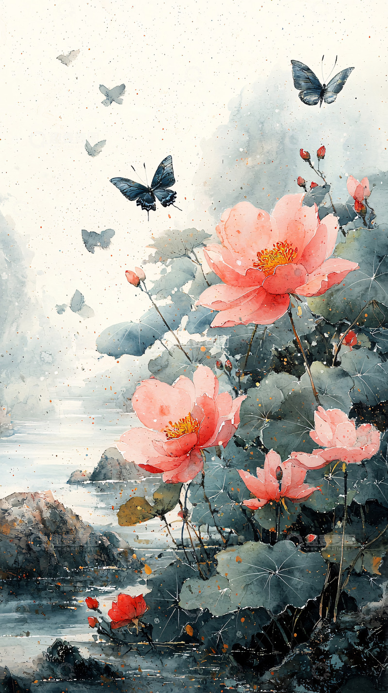 高清大图下载【趣麦麦图】水墨荷花蝴蝶图