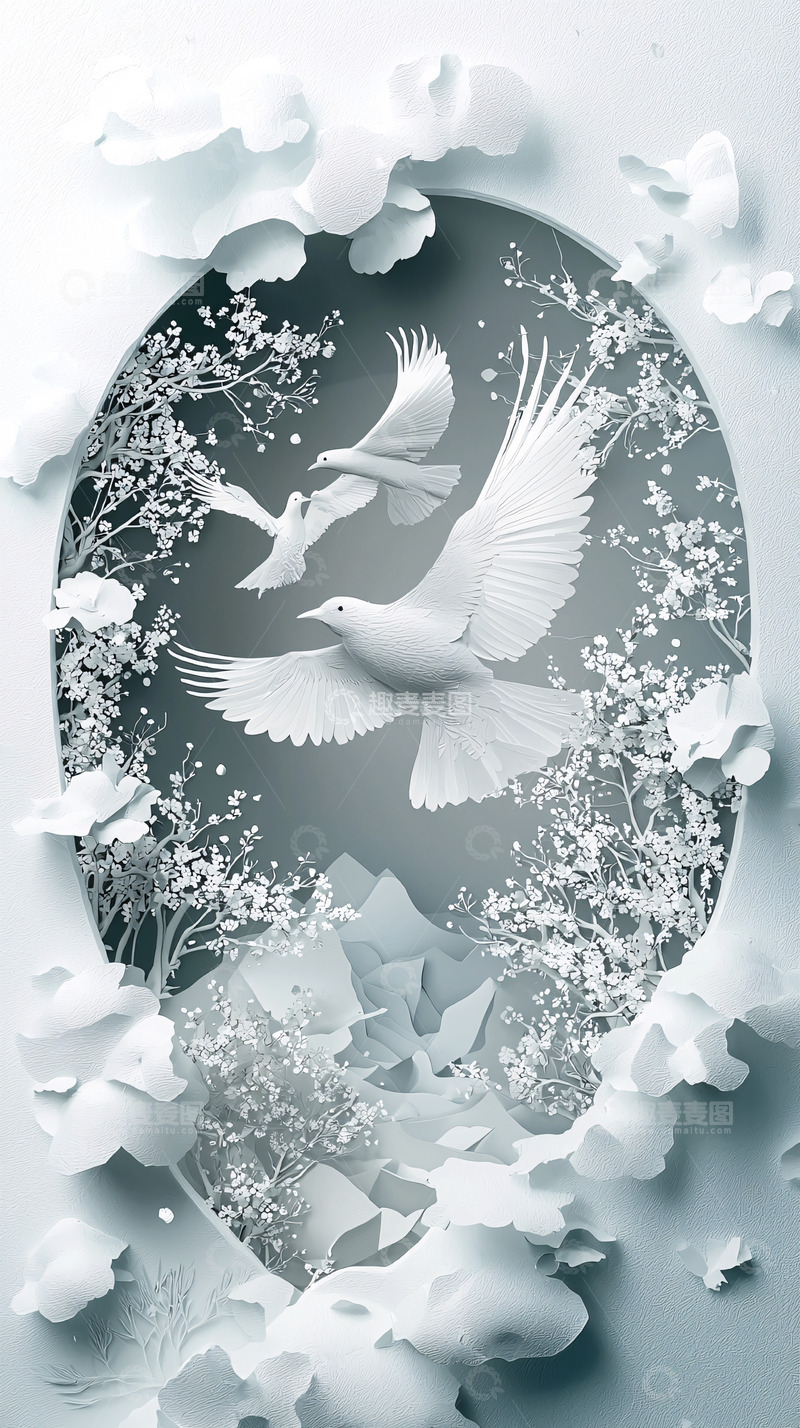 高清大图下载【趣麦麦图】白色剪纸飞鸟