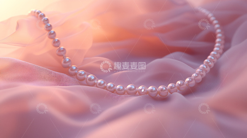 高清大图下载【趣麦麦图】粉色丝绸上珍珠项链