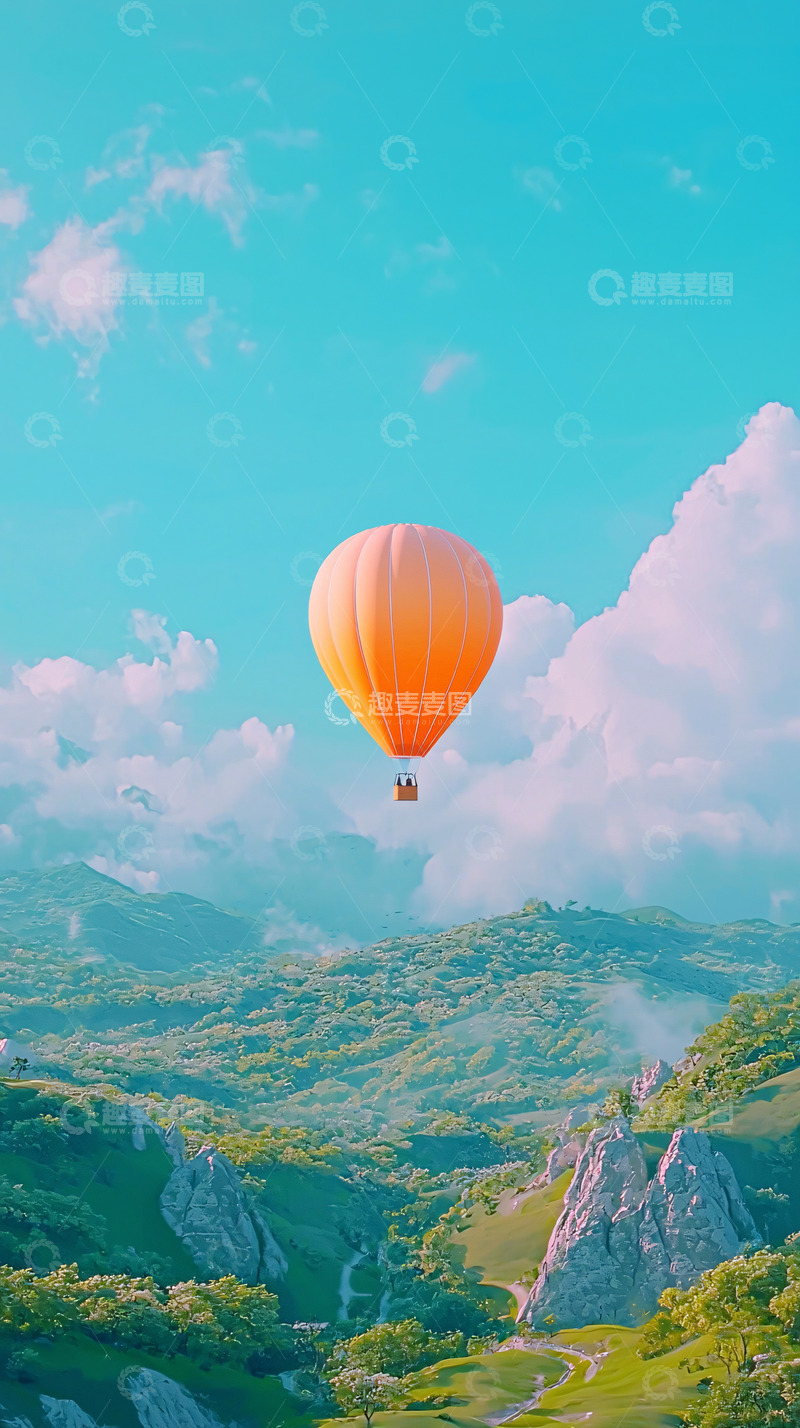 高清大图下载【趣麦麦图】-热气球飞跃山峦