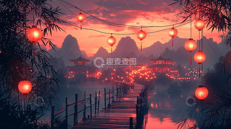 高清大图下载【趣麦麦图】中国风灯笼夜景