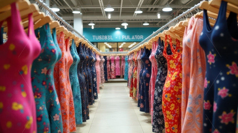 高清大图下载【趣麦麦图】印花连衣裙整齐悬挂陈列