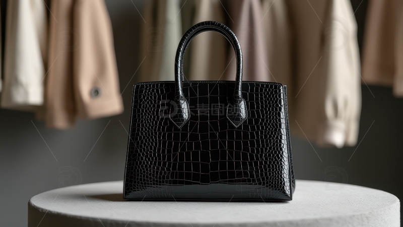 高清大图下载【趣麦麦图】黑色鳄鱼纹手提包展示