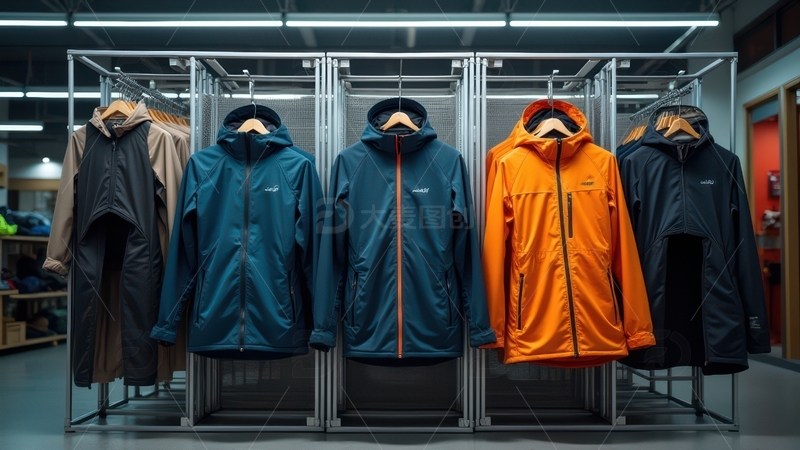 高清大图下载【趣麦麦图】金属架上的户外外套陈列