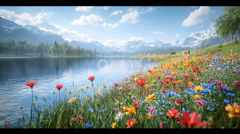 高清大图下载【趣麦麦图】湖边鲜花盛开的山景