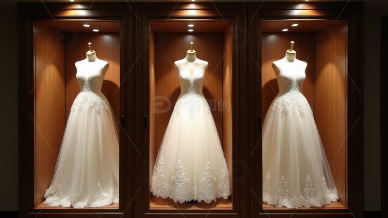 高清大图下载【趣麦麦图】橱窗内展示的三件婚纱