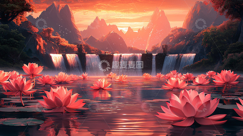 高清大图下载【趣麦麦图】日落山峦瀑布莲花池