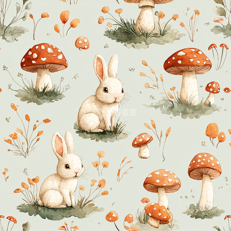 高清大图下载【趣麦麦图】兔子蘑菇田园风背景