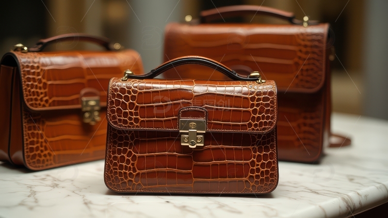 高清大图下载【趣麦麦图】棕色鳄鱼纹手提包陈列