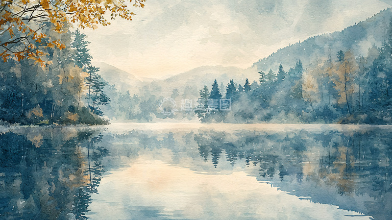 高清大图下载【趣麦麦图】静谧秋日湖泊水彩画