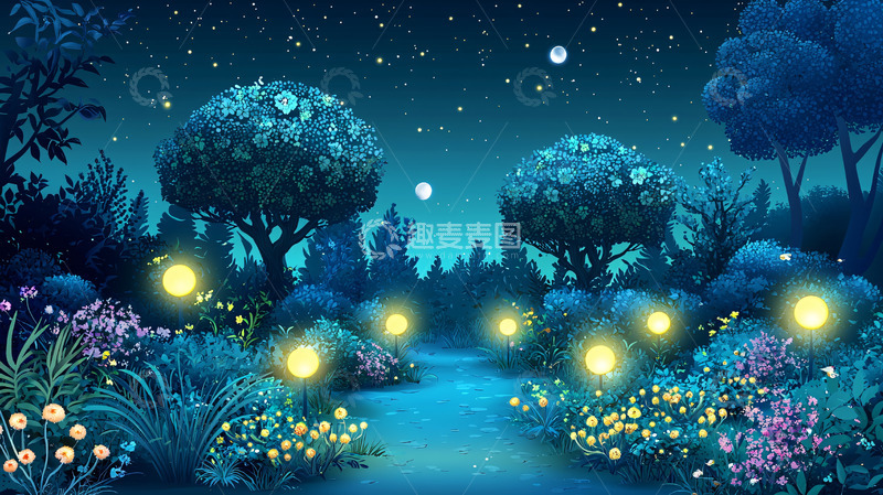 高清大图下载【趣麦麦图】梦幻蓝色夜晚森林