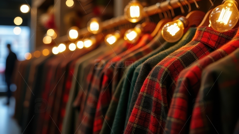 高清大图下载【趣麦麦图】暖光下格子衬衫悬挂陈列