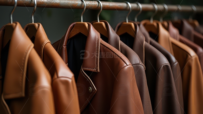 高清大图下载【趣麦麦图】棕色皮衣整齐悬挂陈列