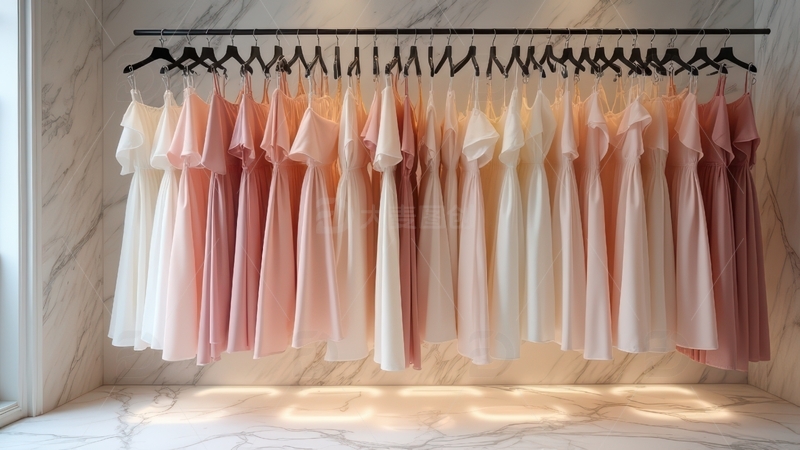 高清大图下载【趣麦麦图】大理石墙面粉色系裙装陈列