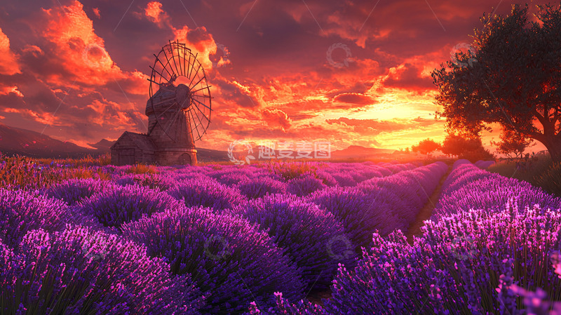 高清大图下载【趣麦麦图】落日余晖下的薰衣草田