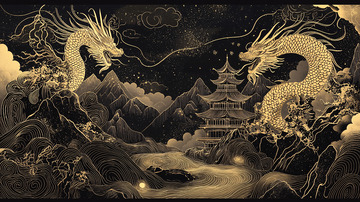 金色双龙对峙古塔