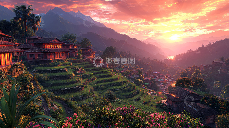 高清大图下载【趣麦麦图】日落下的稻田梯田村庄