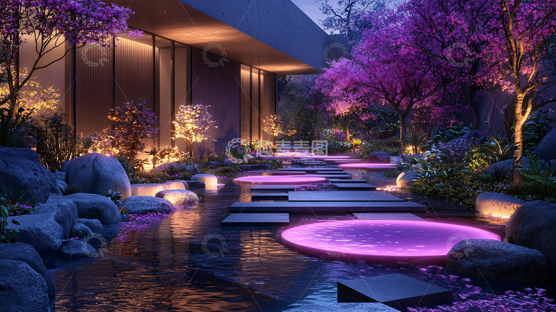 高清大图下载【趣麦麦图】唯美紫色花园夜景