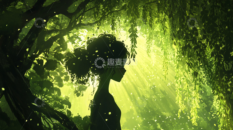 高清大图下载【趣麦麦图】绿光森林女孩剪影