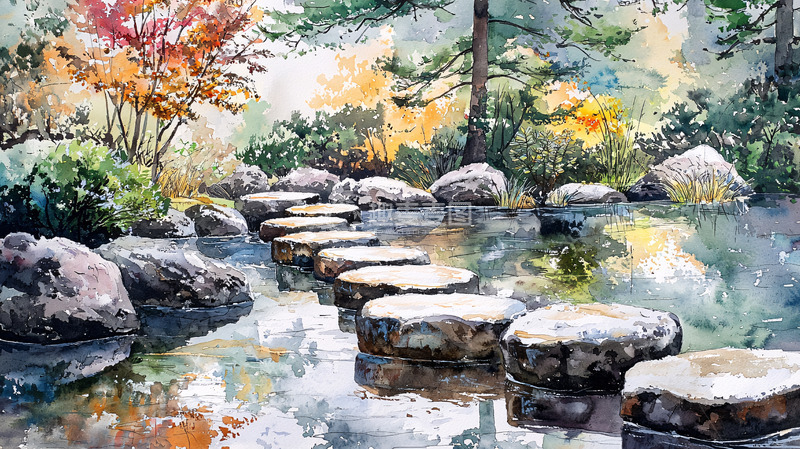 高清大图下载【趣麦麦图】水彩石头小径