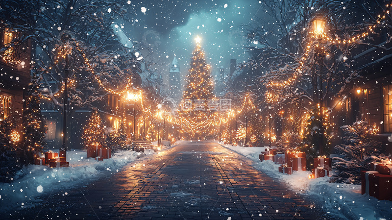高清大图下载【趣麦麦图】下雪的圣诞小镇夜景