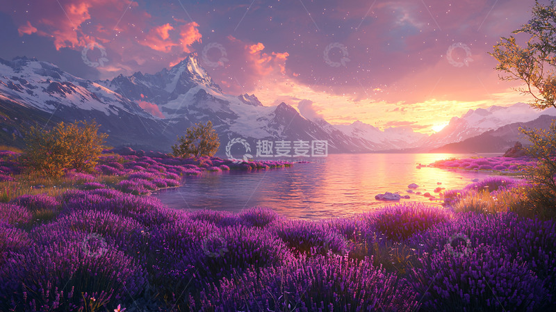 高清大图下载【趣麦麦图】梦幻雪山日落薰衣草湖泊