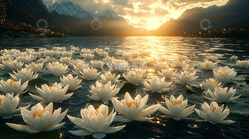 高清大图下载【趣麦麦图】夕阳西下湖中白莲