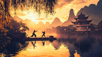 夕阳下武术对练