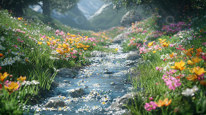 高清大图下载【趣麦麦图】山谷溪流野花盛开