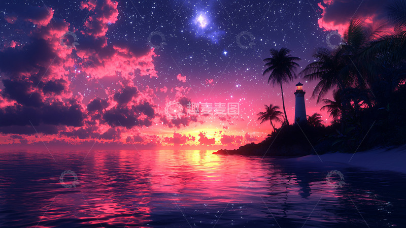 高清大图下载【趣麦麦图】粉色星空下的海岛