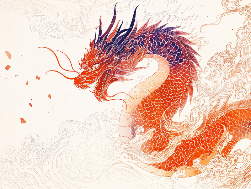 高清大图下载【趣麦麦图】红色水墨龙