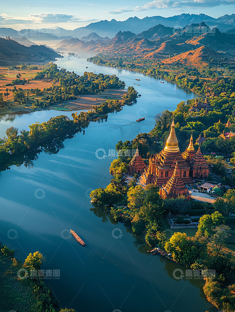 高清大图下载【趣麦麦图】金色佛塔河畔风光