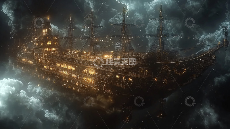 高清大图下载【趣麦麦图】乌云中航行的巨大飞船