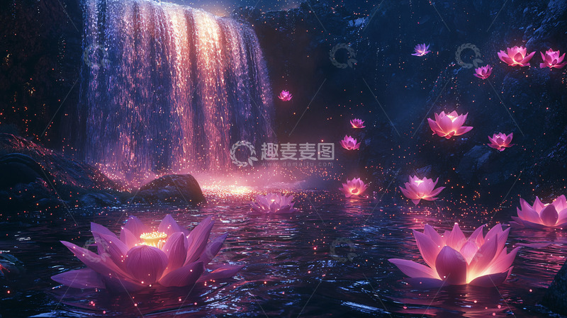 高清大图下载【趣麦麦图】梦幻瀑布莲花仙境