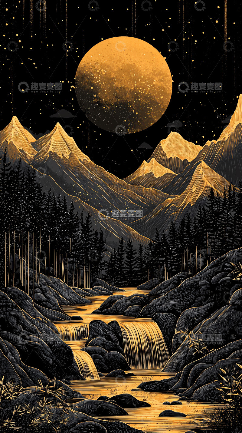 高清大图下载【趣麦麦图】金色月亮下的山川河流