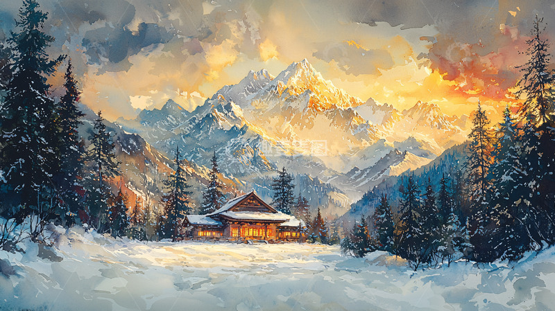 高清大图下载【趣麦麦图】雪山木屋日落风景